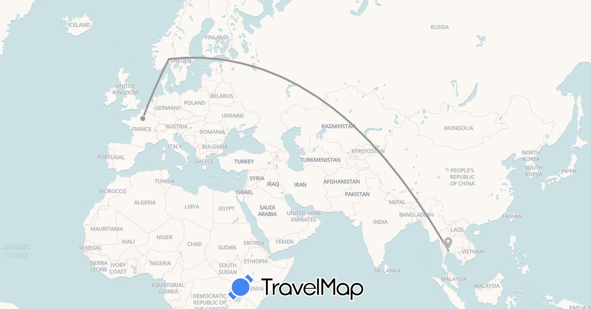 TravelMap itinerary: driving, plane in France, Norway, Thailand (Asia, Europe)